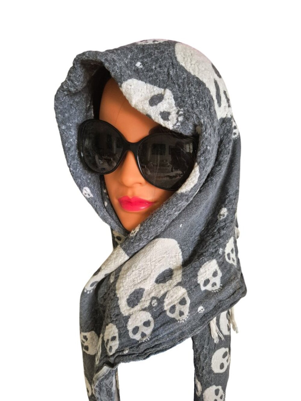 Zara RARE Skull Grunge Scarf Grey and White Textured Tassels - Picture 5 of 16